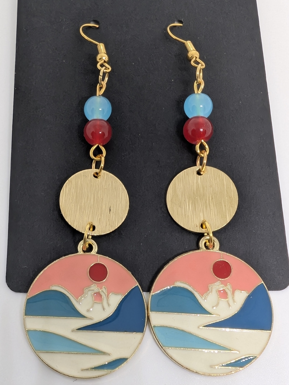 Handmade Beaded Boho Abstract Great Wave Cat Enamel Dangle Earrings